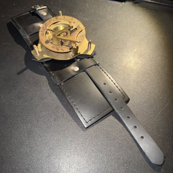 Sundial Wrist Watch Brass Compass & Leather Straps Nautical Steampunk Handmade - Picture 5 of 16